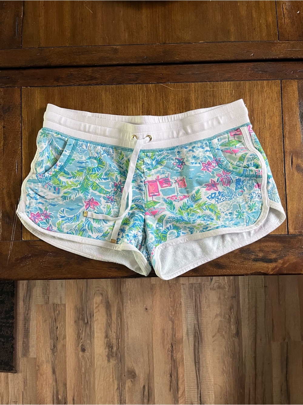 Lilly Pulitzer Aqua Floral Drawstring Beach Shorts with White Trim